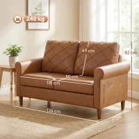 HOMCOM Sofá de 2 Lugares de PU com Pés de Madeira Encosto com Costuras Sofá Moderno para Sala de Estar Quarto Castanho(m-3)