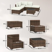 Outsunny Conjunto de Jardim Exterior em Rattan de 6 Peças com Cadeira de Canto, 2 Cadeiras sem Braços, Apoio para Pés e Mesa Castanha(m-3)