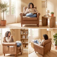 HOMCOM Poltrona Relax Estofada em PU com Almofada Espessa Encosto com Costuras e Pernas de Madeira Maciça Castanho(m-8)