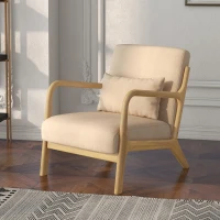 HOMCOM Fauteuil lounge - 3 coussins inclus - assise profonde - accoudoirs - structure bois hévéa - aspect velours beige(m-10)
