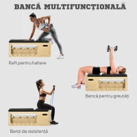 HOMCOM Bancă multifuncțională cu spătar reglabil, compartiment de depozitare, suport pentru greutăți și benzi elastice, culoare lemn(m-4)