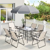 Outsunny 8 Piece Garden Dining Set with Umbrella Garden Furniture Set with 6 Folding Chairs, Tempered Glass Table for Patio Cream(m-2)