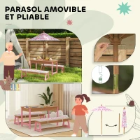 AIYAPLAY Table pique-nique enfant avec bancs, coussins, parasol pliable, boîtes de rangement amovibles, motif à flamant, rose(m-7)
