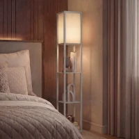 HOMCOM 3-Tier Floor Lamp with Shelves and Storage, Modern Corner Standing Lamp with Lampshade, Reading Light with Foot Switch for Living Room, Bedroom, Home Office, Bulb not Included, Oak(m-9)