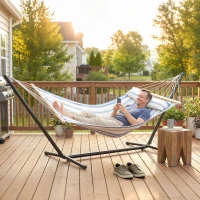 Outsunny Cotton Hammock, Soft Portable Swing Sleeping w/ Headrest & Side Pocket, Blue and White(m-9)
