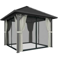 Outsunny 3 x 3(m) Hardtop Gazebo with Galvanised Steel Roof and Water Gutter, Waterproof Permanent Pavilion Garden Gazebo with Netting and Curtains for Patio, Deck, Black(m-1)
