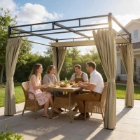 Outsunny 3 x 3 m Pergola with Retractable Roof Canopy and Curtains, UPF30+ Metal Frame Garden Pergola Gazebo Sun Shade, Khaki(m-2)