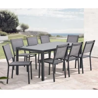 Ensemble repas de jardin : Table 180 cm + 8 chaises - Structure aluminium - Plateau verre trempé - Gris(m-1)