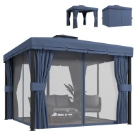 Outsunny 3 x 3(m) Patio Gazebo Canopy Garden Pavilion Tent Shelter Marquee with 2 Tier Roof, Netting and Curtains, Dark Blue(m-10)