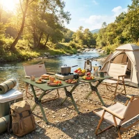 Outsunny Table de camping pliante 116 cm, table de pique-nique imperméable avec plateau enroulable et structure métallique, Vert(m-4)