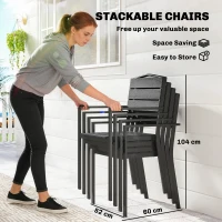 Outsunny Stackable Garden Chairs Set of 4, Garden Dining Chairs with Slatted HDPE Seat Back, Armrests, Metal Frame, Black(m-4)