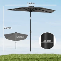Outsunny 2.6 m Half Garden Parasol with Solar LED Lights, UPF50+ Semi Round Umbrella with 30° Tilt, Crank Handle, Dark Grey(m-3)