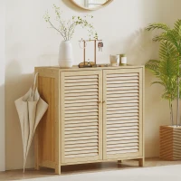 HOMCOM Meuble à chaussures en bambou 14 paires, armoire à chaussures avec portes persiennes et étagères réglables, bois naturel(m-10)