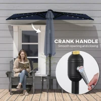 Outsunny 2.6 m Half Garden Parasol with Solar LED Lights, UPF50+ Semi Round Umbrella with 30° Tilt, Crank Handle, Dark Blue(m-9)