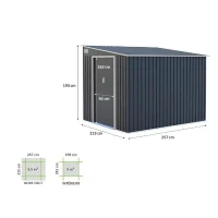 Abri de jardin en métal 5,5 m² - 215 x 257 x 193 cm - TORONTO - Kit d'ancrage inclus, 2 portes coulissantes - Gris(m-4)