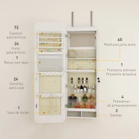 HOMCOM Espelho para Joias com Luz LED Montado na Parede ou na Porta com Fechadura Espelho de Corpo Inteiro 2 Gavetas Branco(m-6)