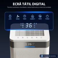 HOMCOM Desumidificador 12L/dia Silencioso com 3 Modos Ecrã LED Temporizador 24H Bloqueio Infantil e Drenagem Contínua 25x22x44,5 cm Branco(m-7)