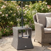 Outsunny Rattan Outdoor Coffee Table, Wicker Garden Patio Bistro Side Table with Umbrella Hole and Storage Space, Dark Grey(m-2)
