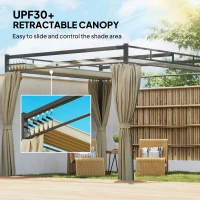 Outsunny 3 x 3 m Pergola with Retractable Roof Canopy and Curtains, UPF30+ Metal Frame Garden Pergola Gazebo Sun Shade, Khaki(m-4)