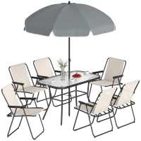 Outsunny 8 Piece Garden Dining Set with Umbrella Garden Furniture Set with 6 Folding Chairs, Tempered Glass Table for Patio Cream(m-10)