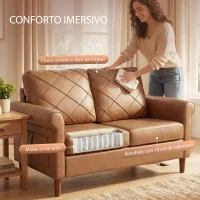 HOMCOM Sofá de 2 Lugares de PU com Pés de Madeira Encosto com Costuras Sofá Moderno para Sala de Estar Quarto Castanho(m-4)