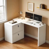 HOMCOM Birou reversibil în formă de L cu 2 sertare pentru arhivă Design modern pentru spații mici Birou alb(m-4)