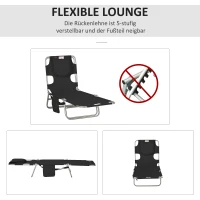Outsunny Gartenliege, Liegestuhl mit gepolsterter Gesichtsöffnung, Massage-Liege für draußen, Seitentasche, Stoff, Metall, Schwarz(m-4)