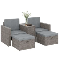 Outsunny 5 Piece Rattan Garden Furniture Set with Storage Table, Footstools, Cushions, Dark Grey(m-10)