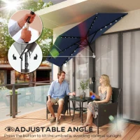 Outsunny 2.6 m Half Garden Parasol with Solar LED Lights, UPF50+ Semi Round Umbrella with 30° Tilt, Crank Handle, Dark Blue(m-8)