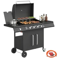 Outsunny 4+1 Burner Gas BBQ Grill with Storage Cabinet, 15.2 kW Gas Barbecue Trolley with Side Table, 4 Wheels, Warming Rack(m-10)