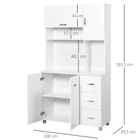 HOMCOM Armario de Cocina Moderno Mueble Auxiliar con 3 Cajones 4 Puertas y Estantes Ajustables 100x39,5x183,5 cm Blanco(m-3)