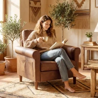 HOMCOM Poltrona Relax Estofada em PU com Almofada Espessa Encosto com Costuras e Pernas de Madeira Maciça Castanho(m-6)