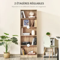 HOMCOM Bibliothèque, étagère de rangement à 5 niveaux avec étagères réglables, 63 x 29,2 x 176 cm, bois naturel(m-4)