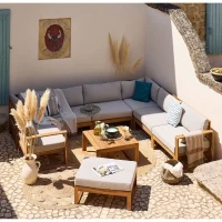 Salon de jardin d'angle modulable LEVATA XXL - Bois d'acacia FSC - 9 personnes - Gris de lin + Housse incluse(m-3)