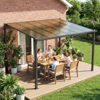 Outsunny 3.6 x 3 m Lean to Garden Pergola with PC Roof, Aluminium Frame Hardtop Gazebo Pergola with Drainage Gutters, Dark Grey(m-9)