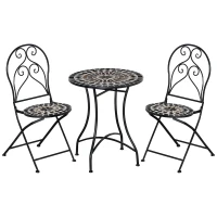 Outsunny 3 Pieces Garden Bistro Set with Coffee Table and 2 Folding Single Chairs, Mosaic Garden Table Top and Seats, Metal Frame, for Patio Balcony, Black(m-10)
