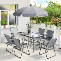 Outsunny 8 Piece Garden Dining Set with Umbrella, Garden Furniture Set with 6 Folding Chairs, Tempered Glass Table for Patio Grey(m-2)