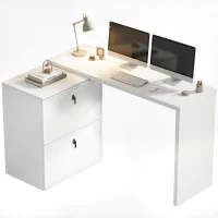 HOMCOM Birou reversibil în formă de L cu 2 sertare pentru arhivă Design modern pentru spații mici Birou alb(m-7)