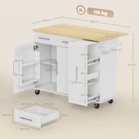 HOMCOM Fahrbare Kücheninsel, erweiterbare Oberfläche, Schranktüren, Schubladen, Handtuchhalter, Küchenwagen aus MDF, Weiß(m-3)