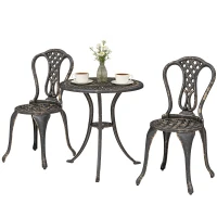 Outsunny Outdoor Bistro Set for 2 Cast Aluminium Patio Furniture with Round Table Umbrella Hole Brown(m-11)