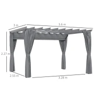 Outsunny 3.6 x 3m Outdoor Retractable Pergola with Curtains and Aluminum Frame, Garden Gazebo Canopy Sun Shade Shelter, Dark Grey(m-18)