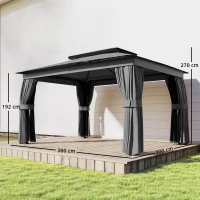 Outsunny Paviljoen 3,8x3m waterafstotend stabiel winterbestendig tuinpaviljoen met dubbel dak gordijnen muggennet haken donkergrijs(m-3)