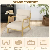 HOMCOM Fauteuil lounge - 3 coussins inclus - assise profonde - accoudoirs - structure bois hévéa - aspect velours beige(m-4)