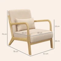 HOMCOM Fauteuil lounge - 3 coussins inclus - assise profonde - accoudoirs - structure bois hévéa - aspect velours beige(m-3)