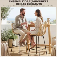 HOMCOM Lot de 2 tabourets de bar design bohème Hauteur 66 cm avec repose-pieds métal et rotin PE - naturel(m-5)