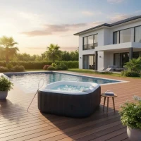 KIT TOUT INCLUS SUNSPA: spa gonflable carré 4 places et accessoires : 2 appuis tetes, filtre, épuisette, brosse, tapis, couverture(m-3)