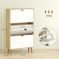 HOMCOM Pantofar Slim Modern cu 3 Sertare Rabatabile pentru 24 Perechi de Pantofi, 80x24x127 cm, Alb(m-3)