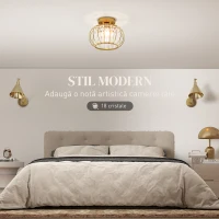 HOMCOM Plafonieră LED Modernă și Minimalistă cu Structură Tip Cușcă și 18 Cristale, din Metal Auriu, Ø27x19 cm(m-4)