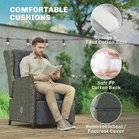 Outsunny Rattan Garden Recliner Chair, Reclining Garden Chair with Adjustable Back and Footrest, Flip Table, Cushion, Dark Grey(m-7)