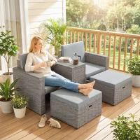 Outsunny 5 Piece Rattan Garden Furniture Set with Storage Table, Footstools, Cushions, Dark Grey(m-2)